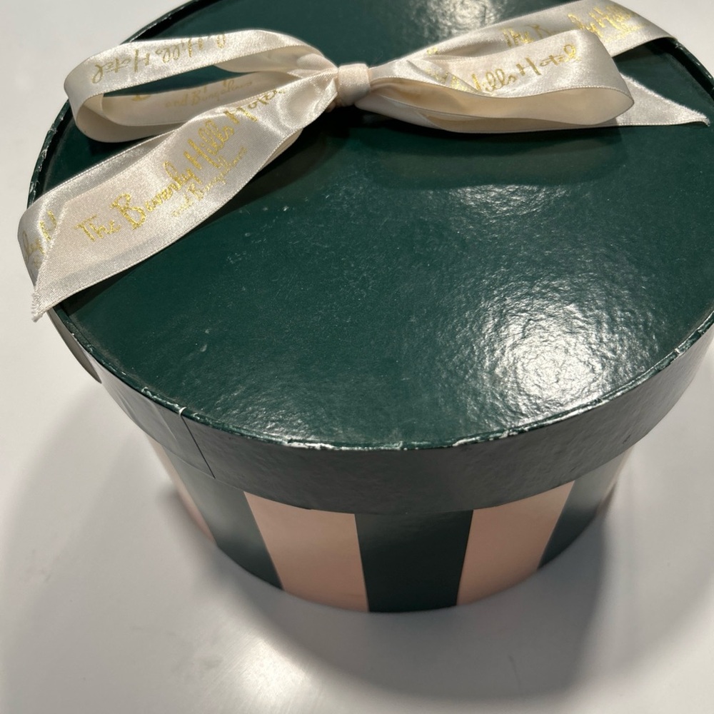 Vintage Beverly Hills Hotel Green and Pink Striped Hat Box with Ribbon